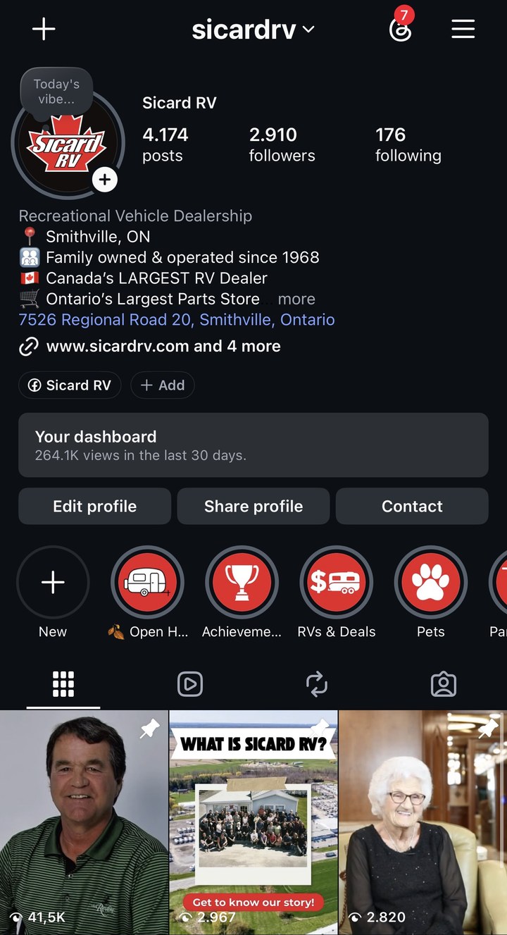 Sicard RV Instagram screenshot: 264.1K views in 30 days