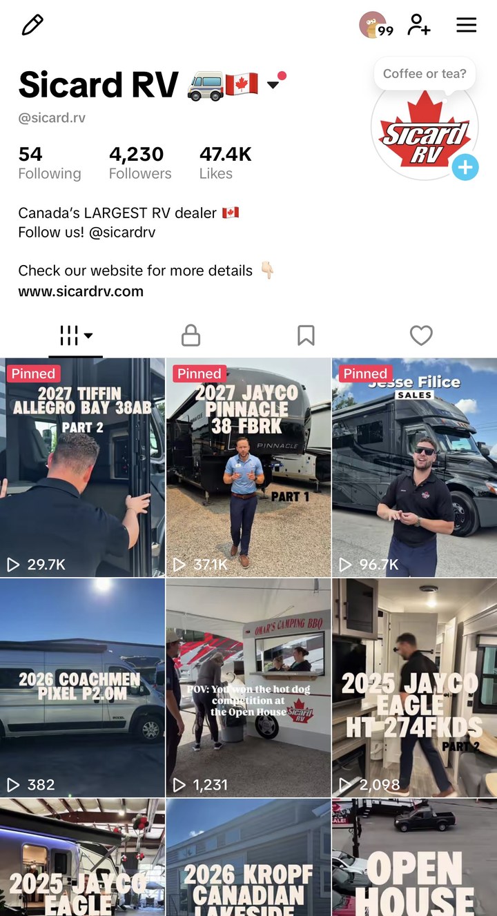 Sicard RV TikTok screenshot: 47.4K likes